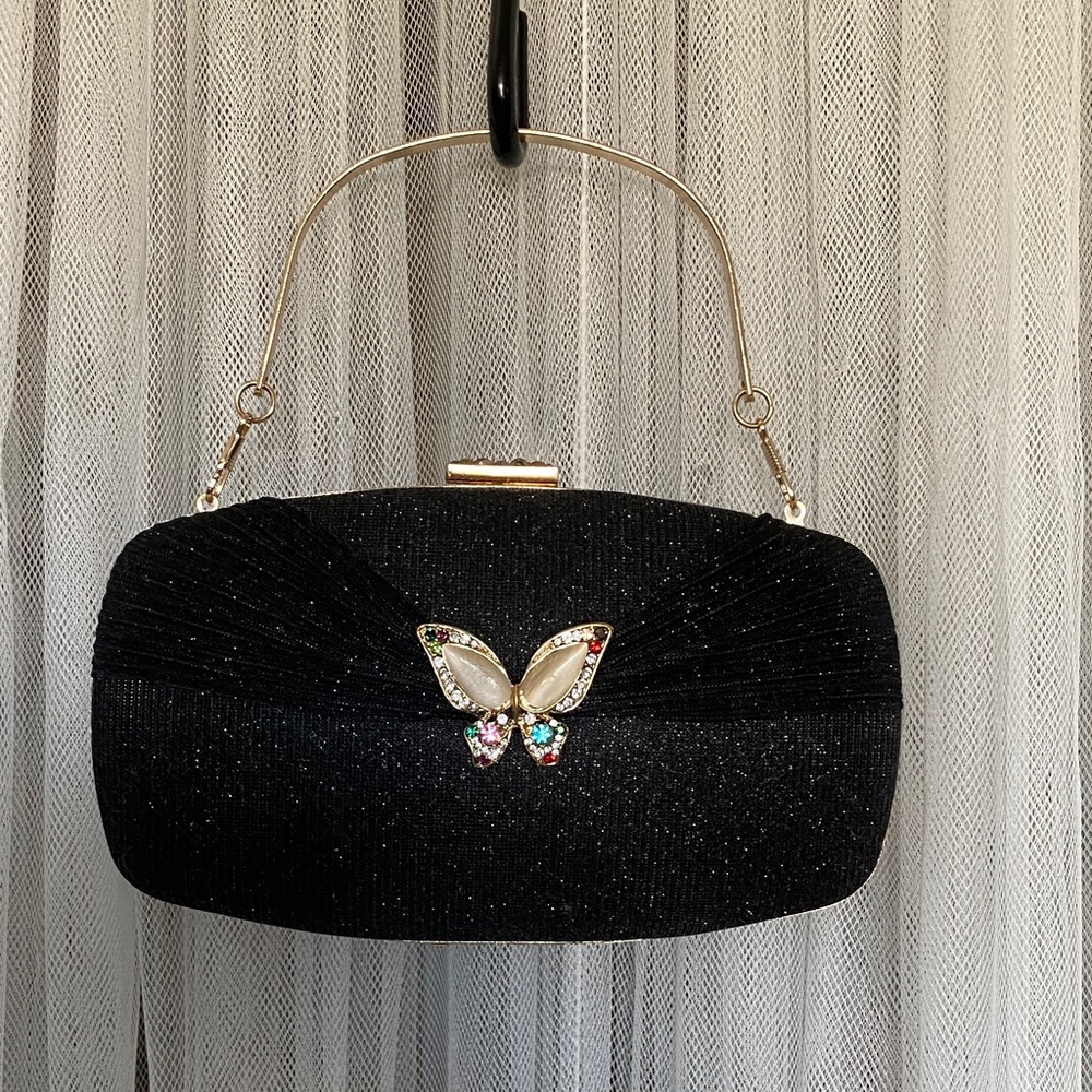 Elegant Black/Gold Clutch with Butterfly Accent! Some Fabric Shimmer!